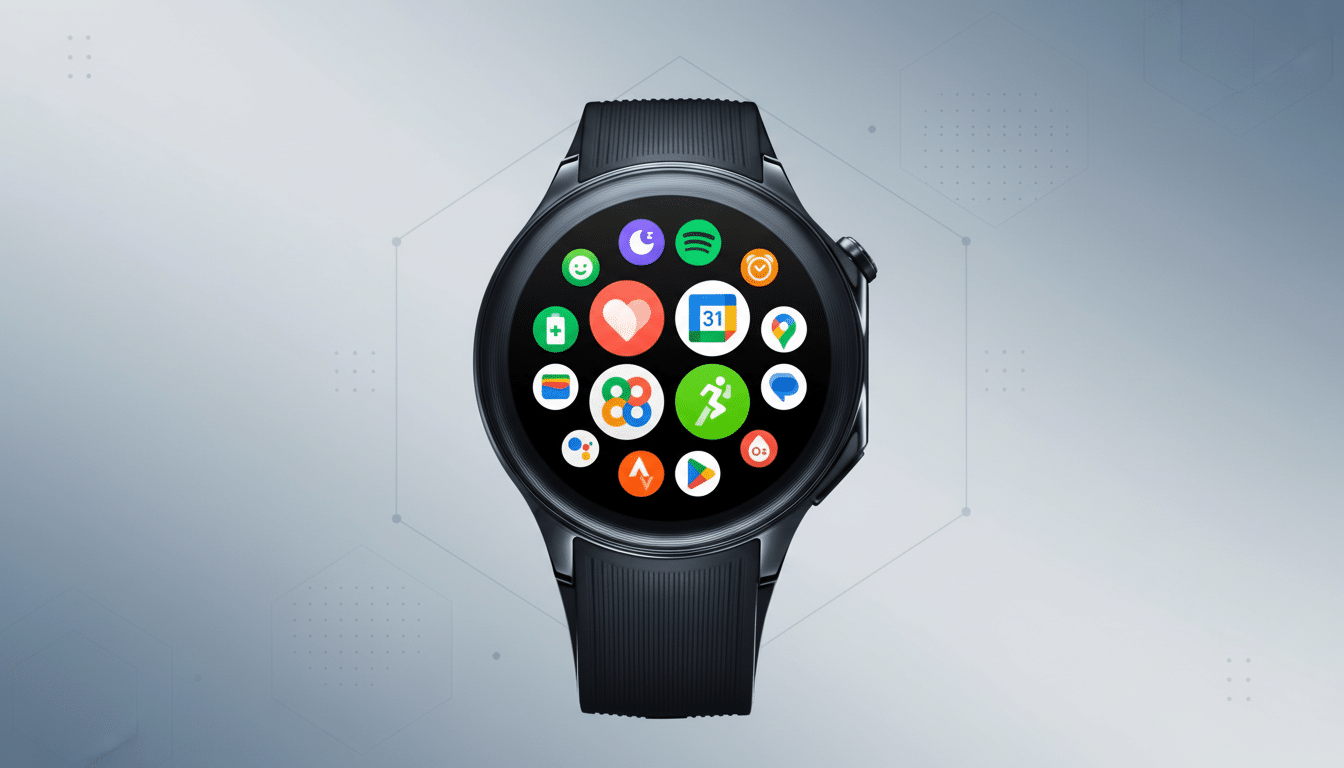 A black smartwatch with a circular screen displaying various colorful app icons, set against a professional light gray background with subtle geometric patterns.