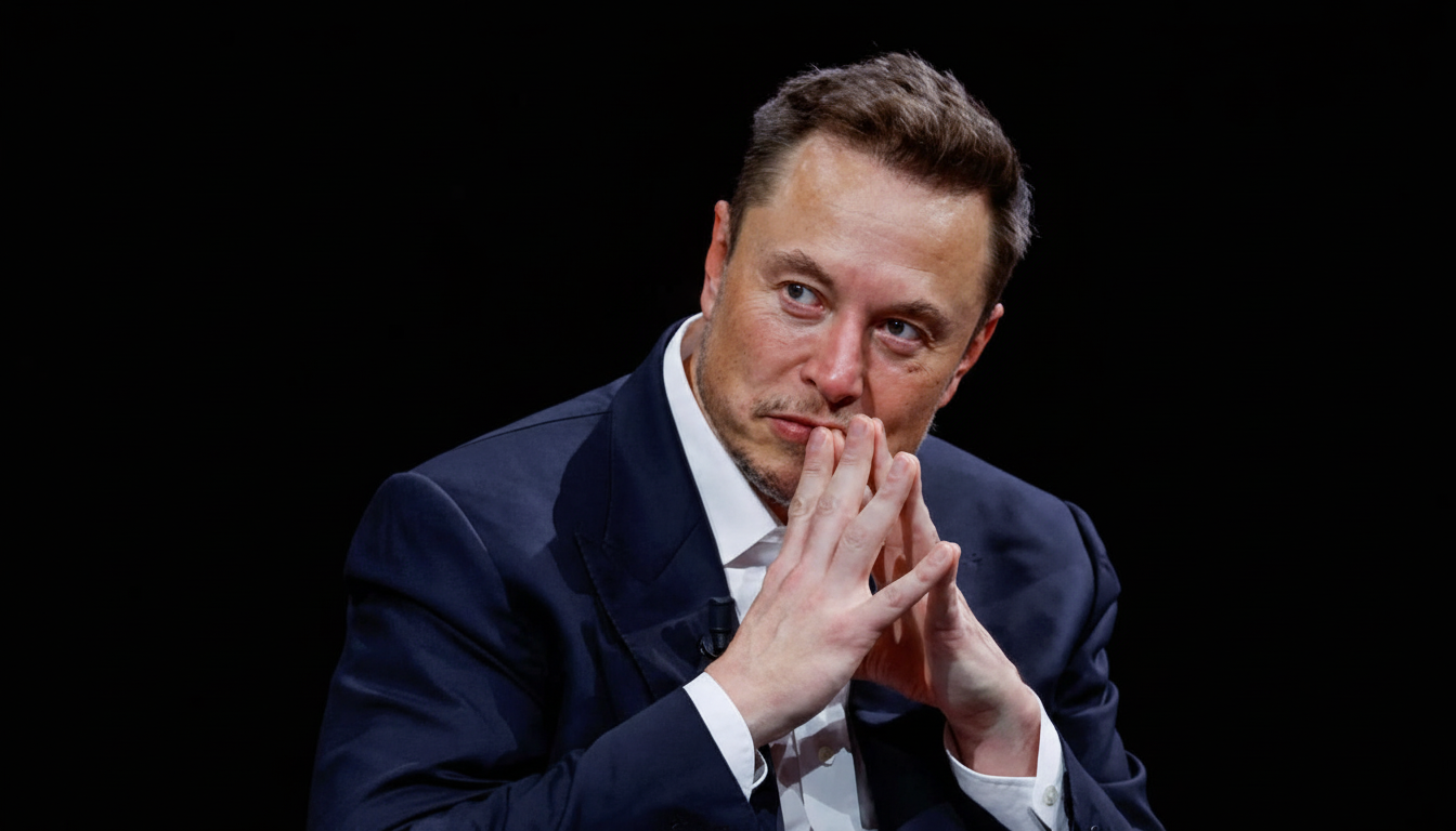 A professional headshot of Elon Musk, resized to a 16:9 aspect ratio, with his hands clasped near his chin, looking thoughtfully to the side against a dark background.