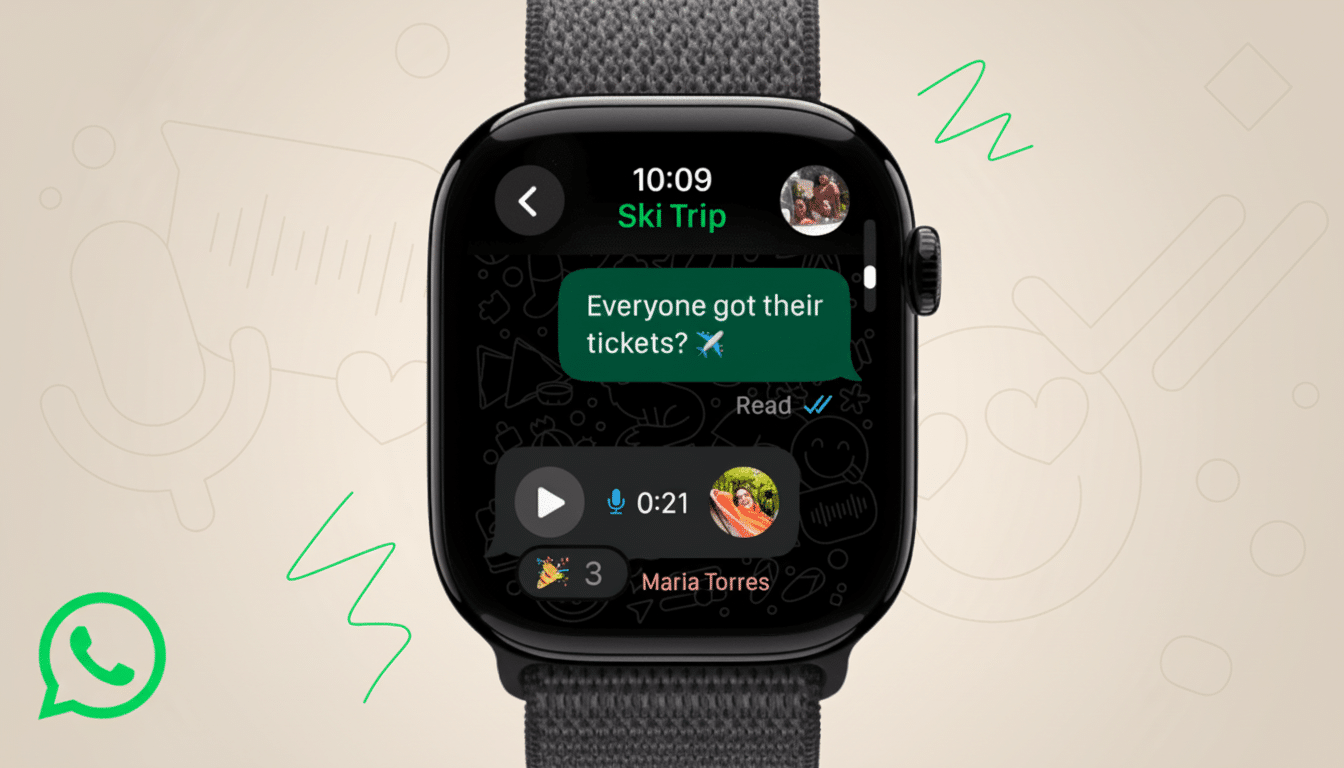 A close-up of a black smartwatch displaying a WhatsApp chat with a message about ski trip tickets and a voice message from Maria Torres. The background is a light beige with subtle, abstract line drawings and a green WhatsApp logo in the bottom left corner.