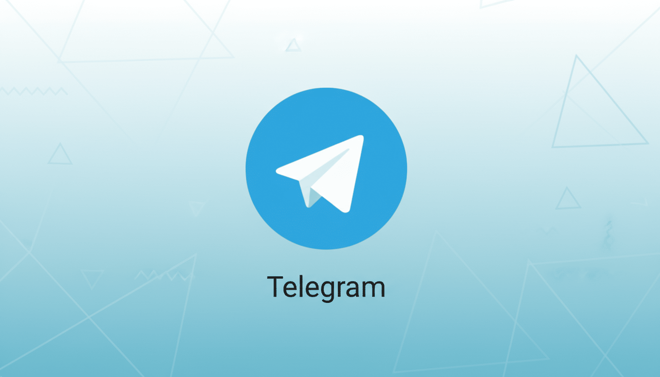 The Telegram logo, a white paper airplane on a blue circle, centered on a light blue gradient background with subtle geometric patterns.