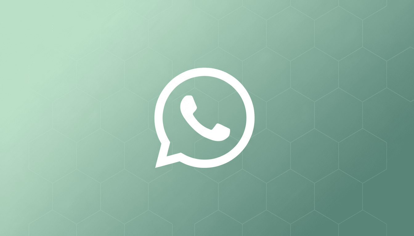 The WhatsApp logo, a white phone icon inside a speech bubble, centered on a professional flat design background with a soft green gradient and subtle hexagonal patterns.
