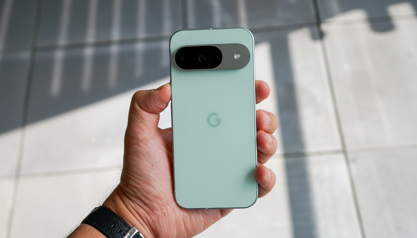 A hand holding a light green Google Pixel phone, resized to a 16:9 aspect ratio.