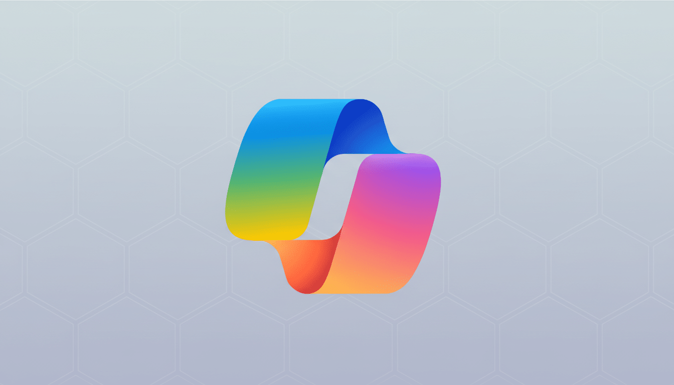 A colorful, gradient-filled ribbon-like shape, transitioning from blue to green to yellow to orange to pink, is centered on a light gray background with a subtle hexagonal pattern.