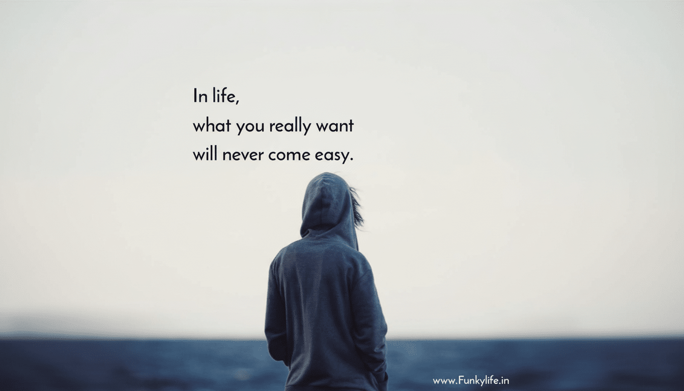 A person in a blue hoodie stands with their back to the viewer, looking out at a body of water under a light sky. The text In life, what you really want will never come easy. is overlaid on the image.
