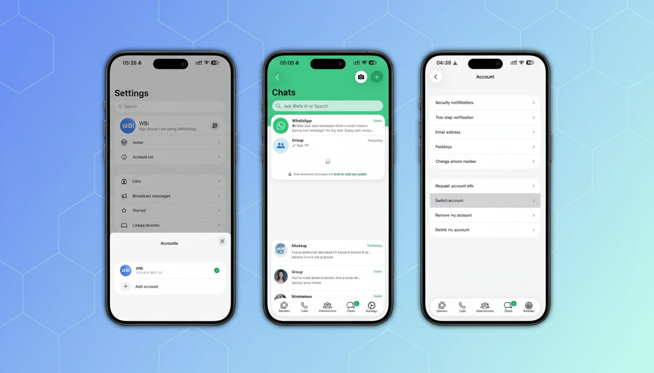 Three smartphone screens displaying WhatsApp interfaces, set against a professional, subtly patterned background. The screens show settings, chat lists, and account options.