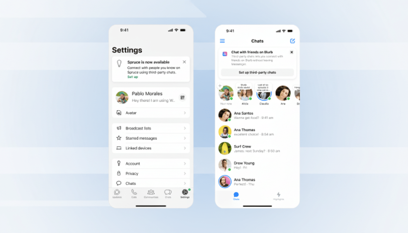 A professional, enhanced image of two mobile phone screens displaying a chat application, resized to a 16:9 aspect ratio with a subtle gradient background.