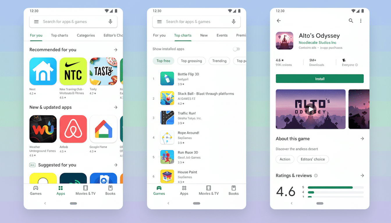 A professional, enhanced image of three mobile phone screens displaying the Google Play Store interface. The screens show app recommendations, top charts, and a detailed view of the Altos Odyssey game page. The background is a soft, professional gradient.