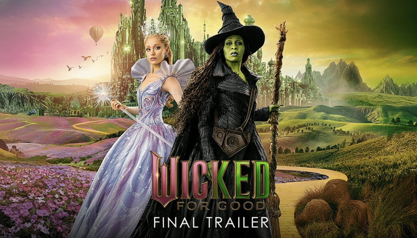 A promotional image for Wicked For Good Final Trailer featuring two women in elaborate costumes, one in a light purple gown holding a wand and the other in a dark witchs outfit, standing in a fantastical landscape with a city in the background.