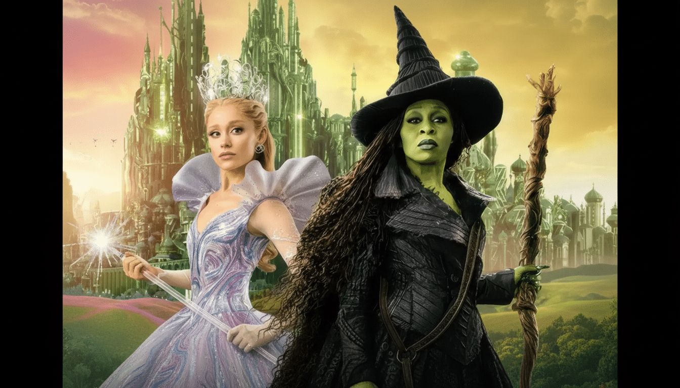 A 16:9 aspect ratio image of Ariana Grande as Glinda and Cynthia Erivo as Elphaba from the movie Wicked, with the original background of the Emerald City.