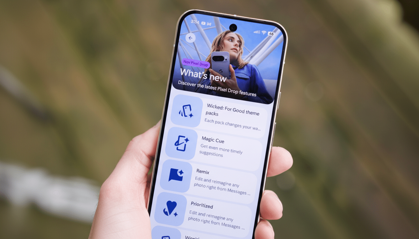 A hand holding a smartphone displaying the Nov Pixel Drop Whats new screen with various feature updates.