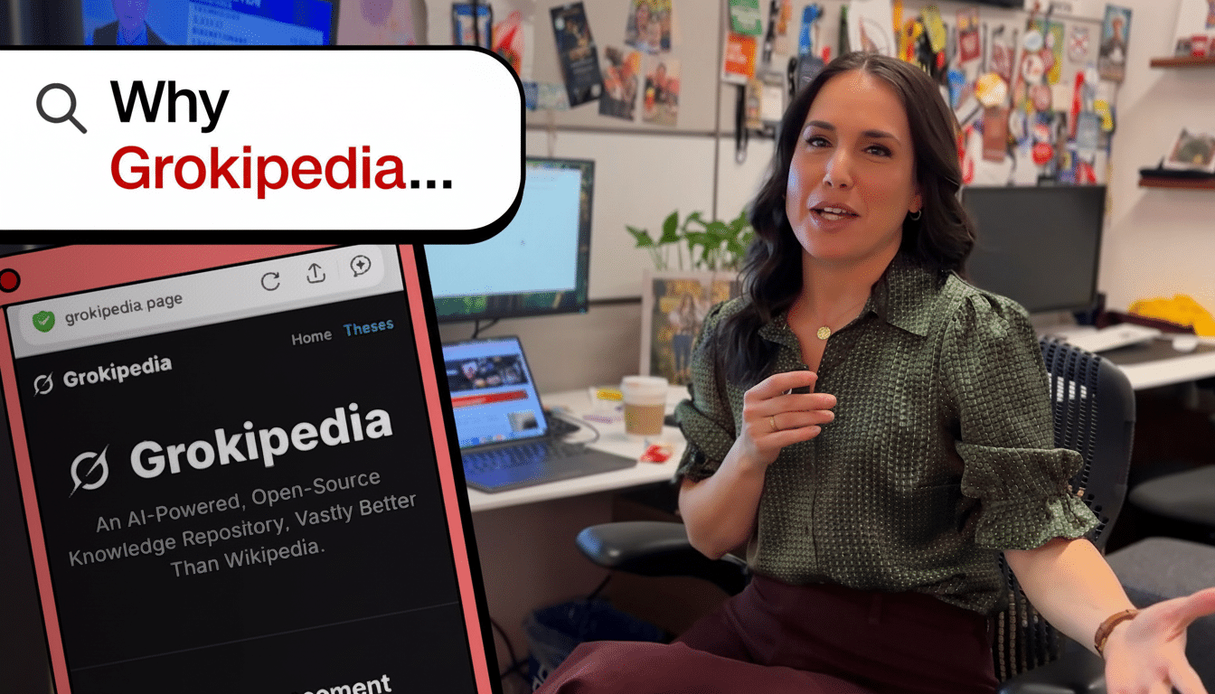 A woman in a green patterned shirt and dark pants sits in an office, gesturing with one hand. In the foreground, an overlay shows a search bar with Why Grokipedia... and a screen displaying Grokipedia: An AI-Powered, Open-Source Knowledge Repository, Vastly Better Than Wikipedia.