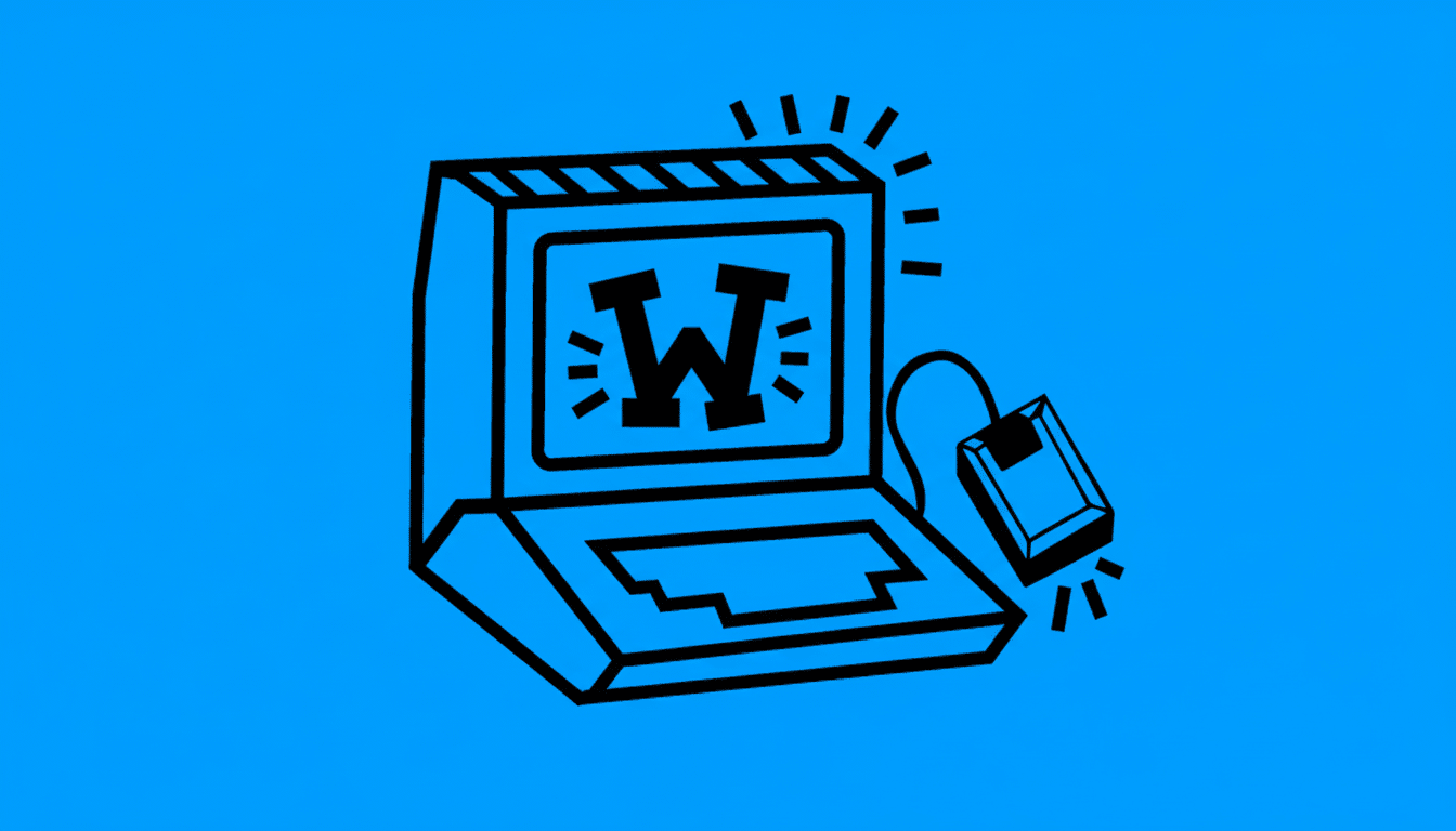 A black outline illustration of a retro computer with a large W on its screen, and a connected mouse, all on a solid blue background.