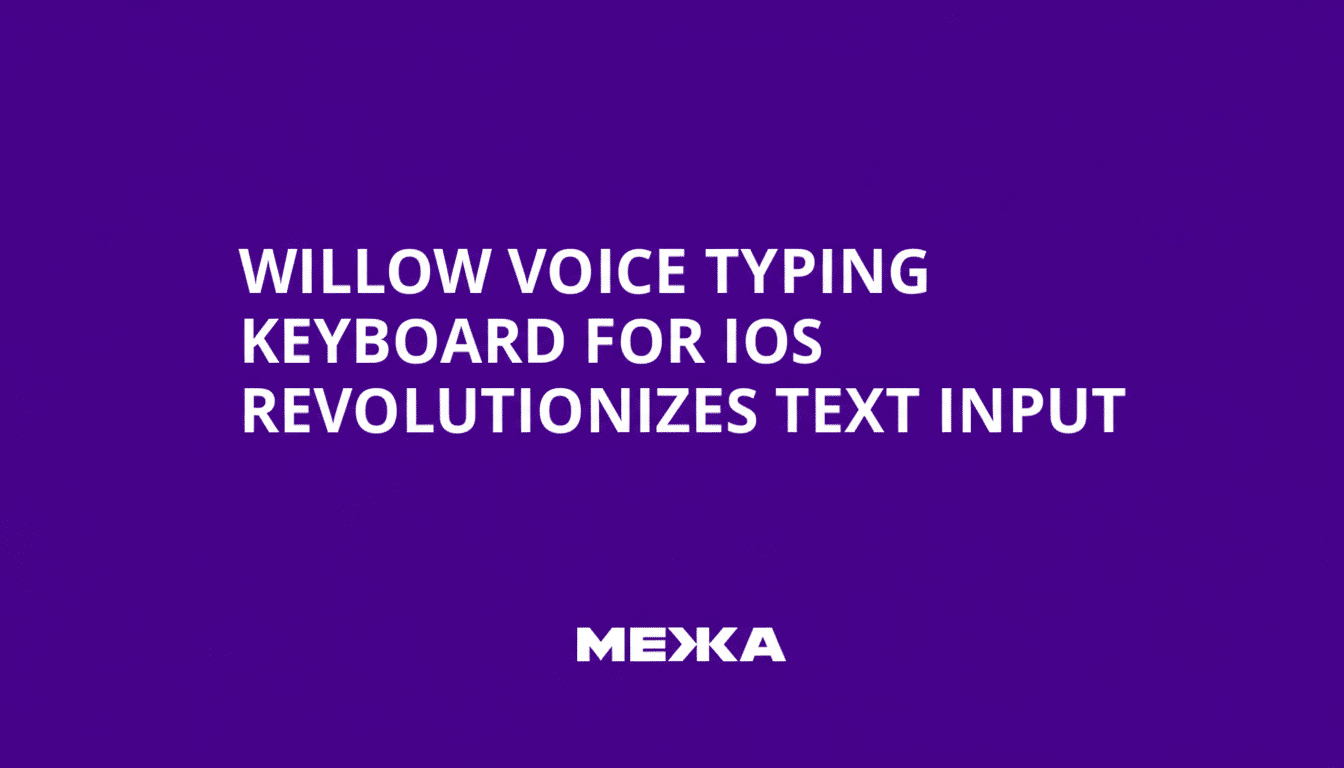 A 16:9 aspect ratio image with a purple background, featuring the white text WILLOW VOICE TYPING KEYBOARD FOR IOS REVOLUTIONIZES TEXT INPUT in the center, and МЕЖА in white at the bottom.