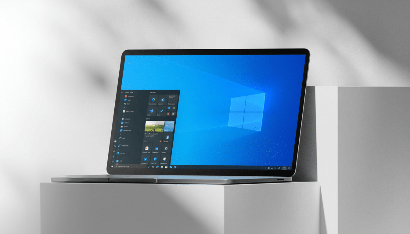 A laptop displaying the Windows 10 desktop with the Start menu open, set against a minimalist background with shadows.