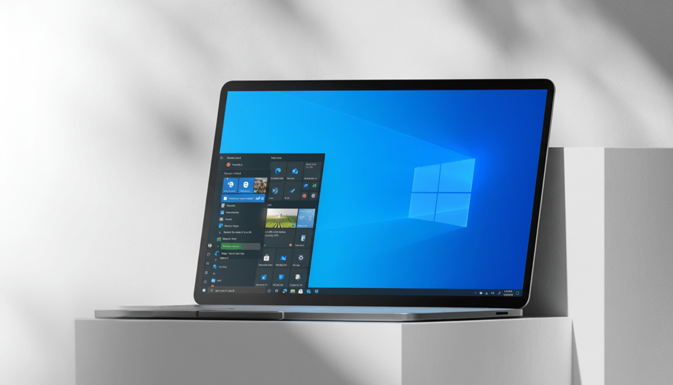 A laptop displaying the Windows 10 desktop with the Start menu open, set against a minimalist white background with shadows.