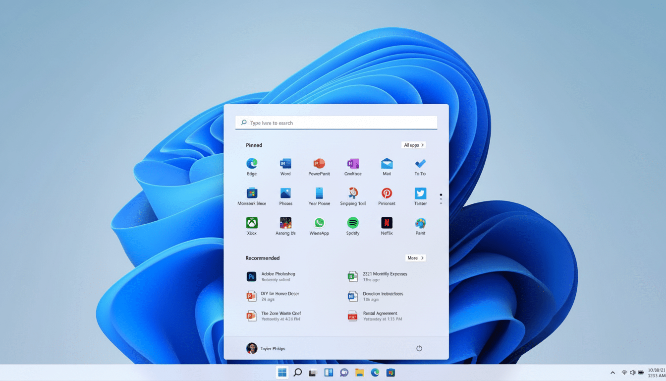 A screenshot of the Windows 11 Start menu, displaying pinned and recommended applications against a blue abstract background.