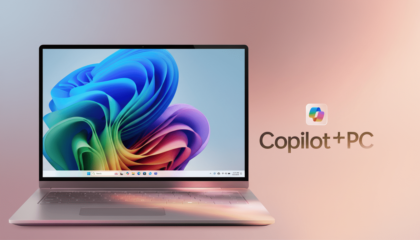 A laptop displaying the Windows 11 desktop with a colorful abstract wallpaper, next to the Copilot+PC logo on a gradient background.