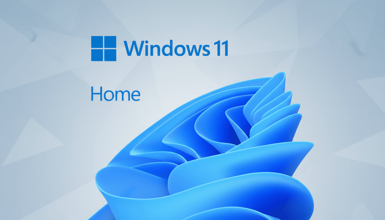 The Windows 11 Home logo and text are displayed on a professional 16:9 aspect ratio background with soft geometric patterns and a gradient.