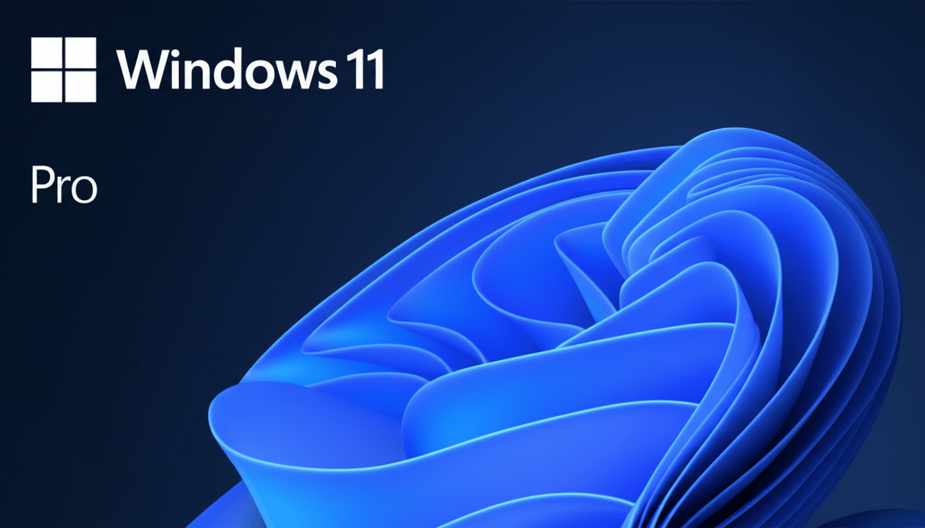 The Windows 11 Pro logo and text on a dark blue background with a stylized blue graphic.