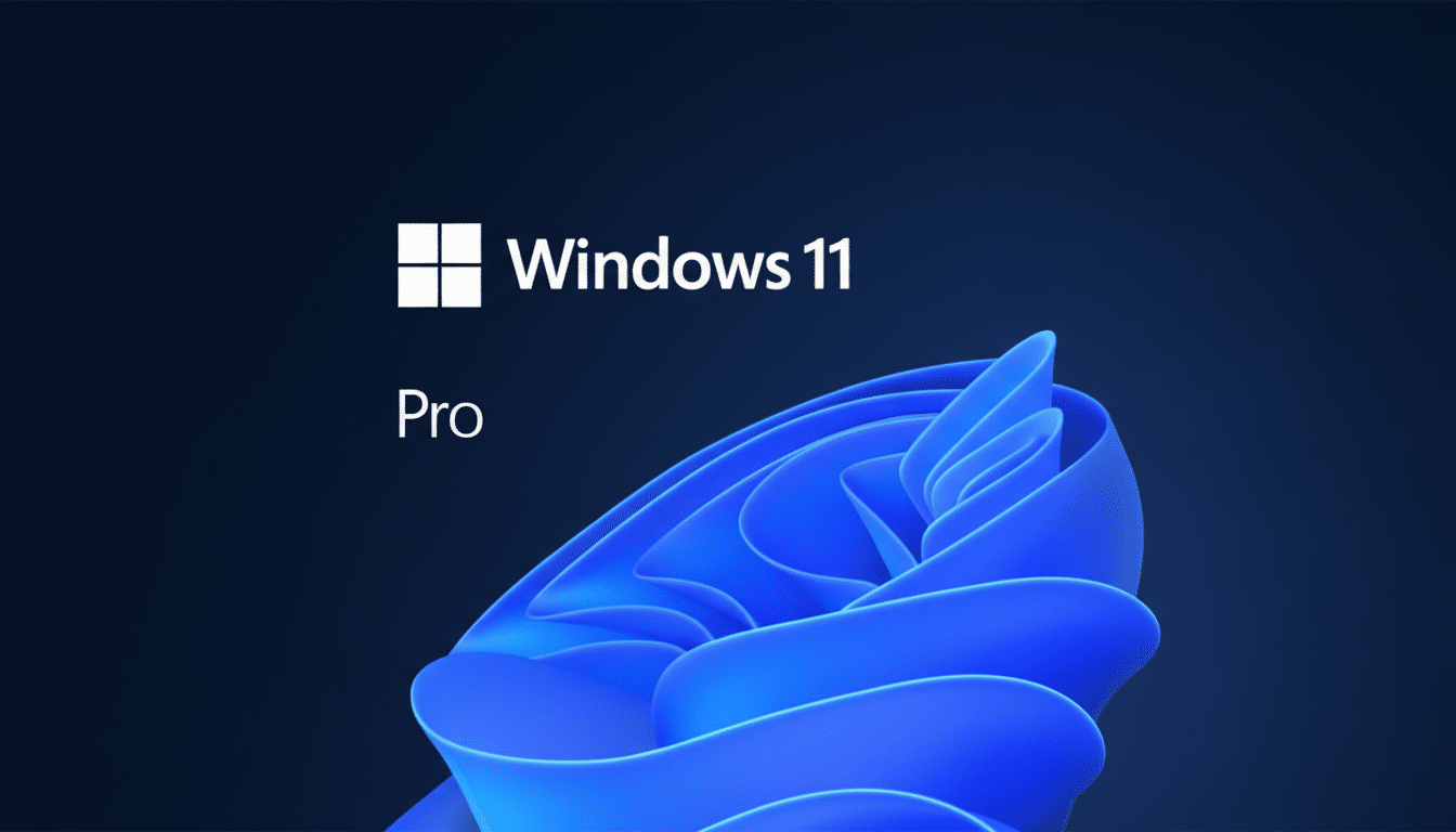 The Windows 11 Pro logo and text are displayed on a dark blue background with a stylized blue and light blue abstract design in the lower right corner.