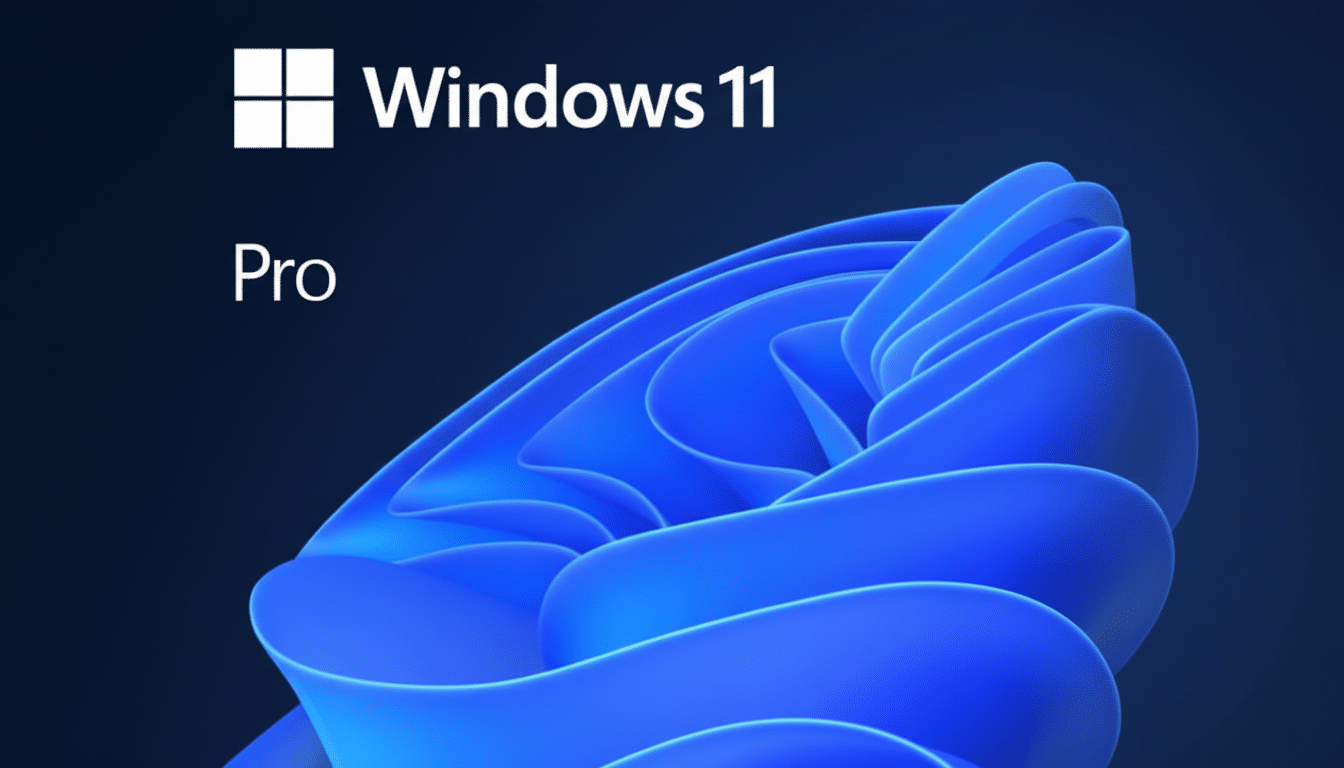 The Windows 11 Pro logo and text are displayed on a dark blue background with a stylized, flowing blue graphic element.