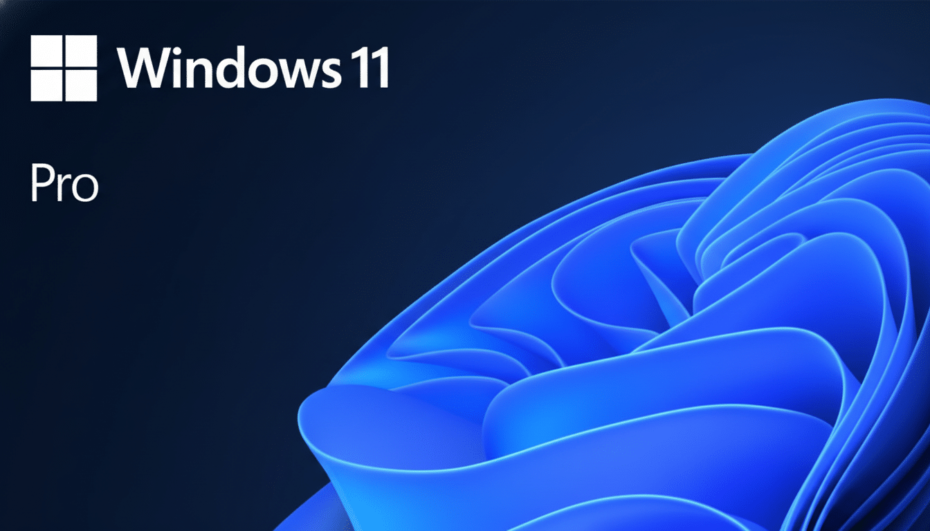 The Windows 11 Pro logo and text on a dark blue background with a stylized blue wave design.