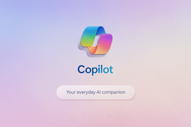 The Copilot logo, a colorful, intertwined ribbon, is centered above the word Copilot in blue text. Below it, a white pill-shaped button reads Your everyday AI companion. The background is a soft, textured gradient of light purple and blue.