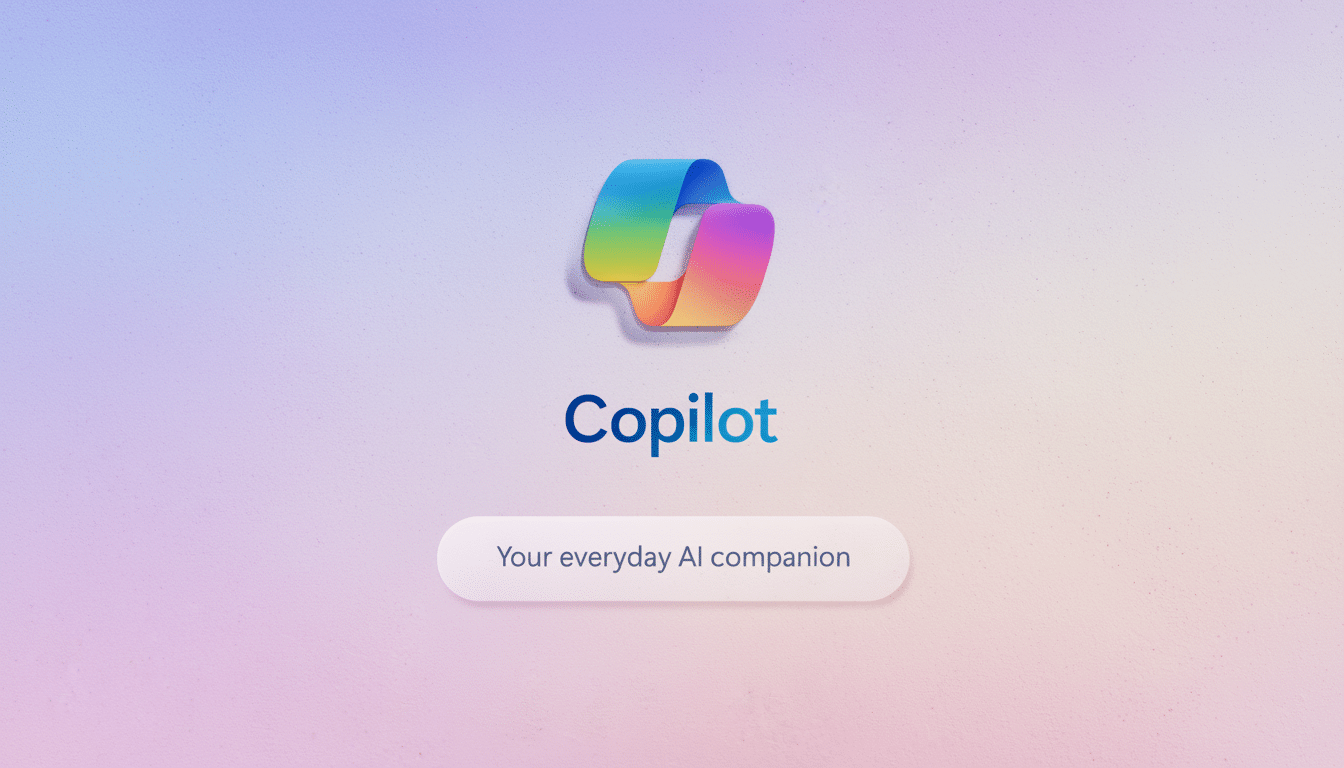 The Copilot logo, a colorful, intertwined ribbon, is centered above the word Copilot in blue text. Below it, a white pill-shaped button reads Your everyday AI companion. The background is a soft, textured gradient of light purple and blue.