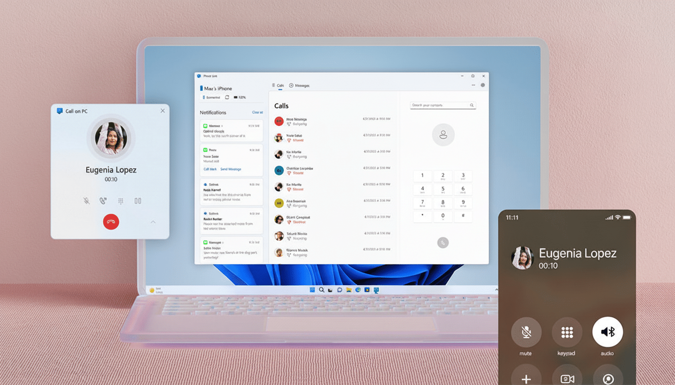 A laptop displaying the Phone Link app with a call in progress, alongside a smaller Call on PC window and a smartphone screen showing the same call.