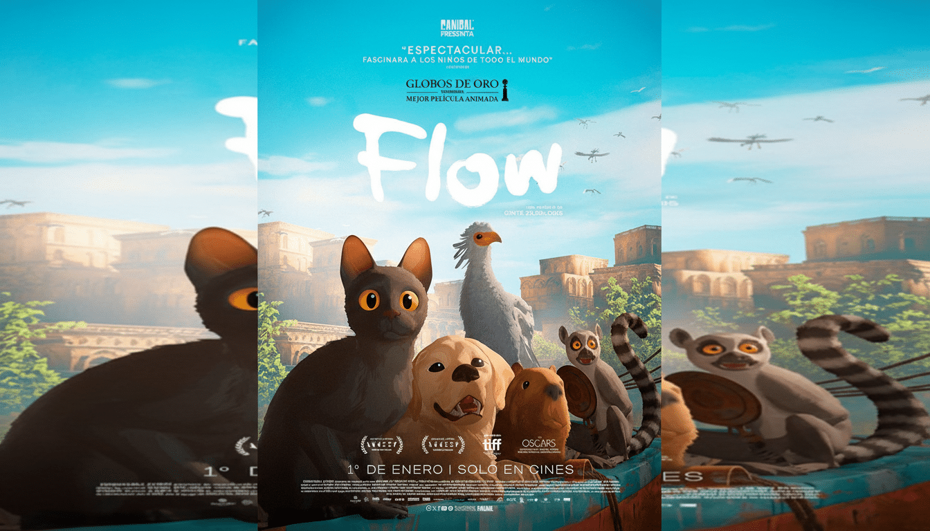 A movie poster for Flow featuring a cat, dog, capybara, bird, and lemur in a boat, with ancient buildings and a blue sky in the background.