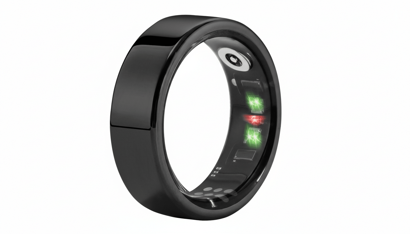 A sleek, black smart ring with internal sensors glowing green and red, presented on a clean, professional background.
