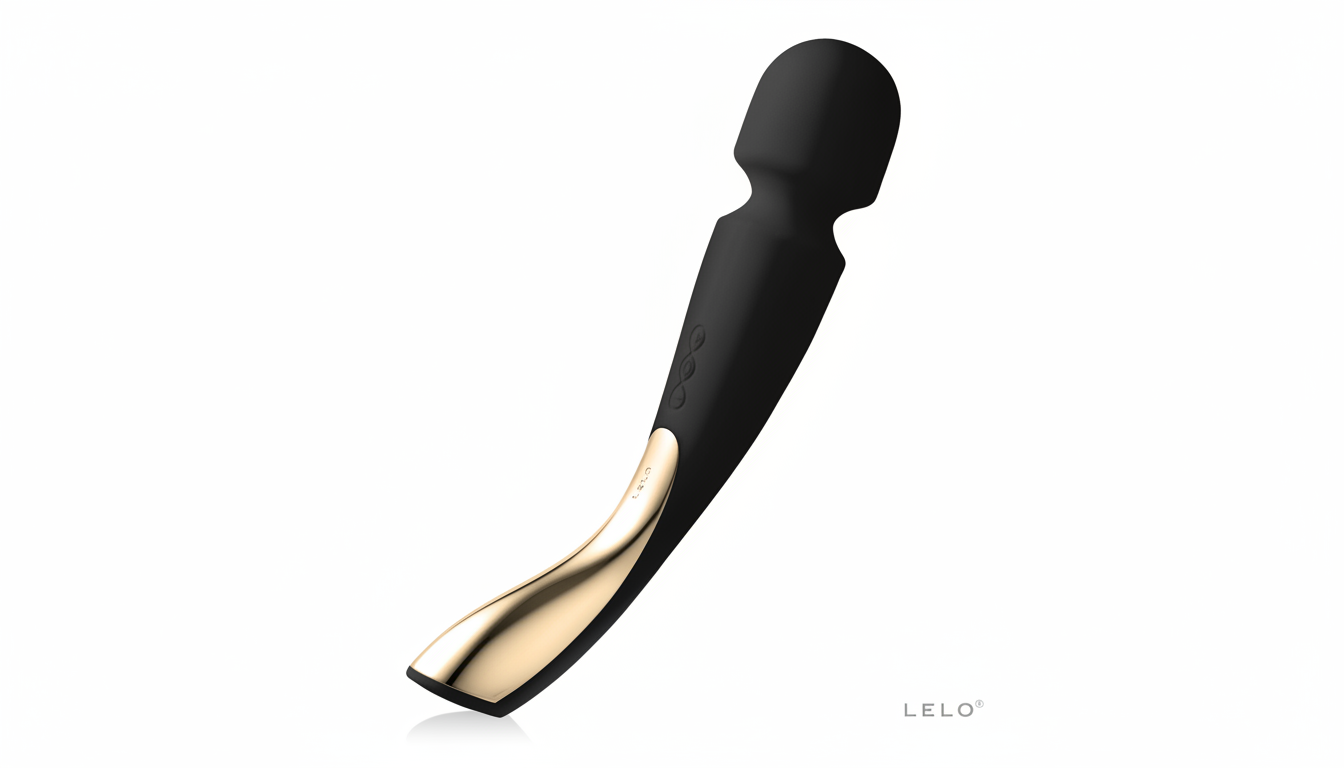 A black and gold LELO massager on a white background, resized to a 16:9 aspect ratio.