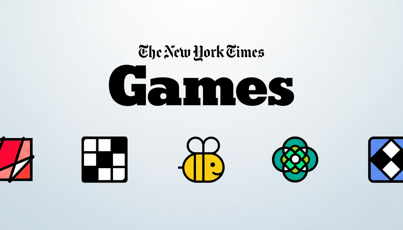 The New York Times Games logo with five game icons below it, set against a professional flat design background with a soft gradient.