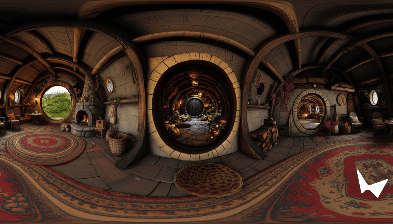 A panoramic view of a cozy, hobbit-hole interior with round doors and windows, warm lighting, and rustic furnishings.