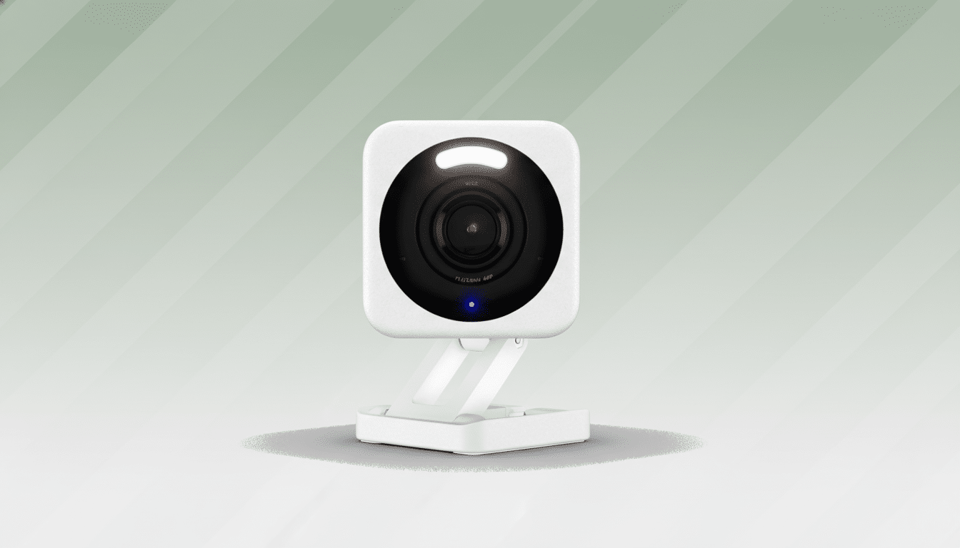 A white Wyze camera with a black lens and a blue indicator light, set against a professional flat design background with soft green and grey gradients and subtle patterns.
