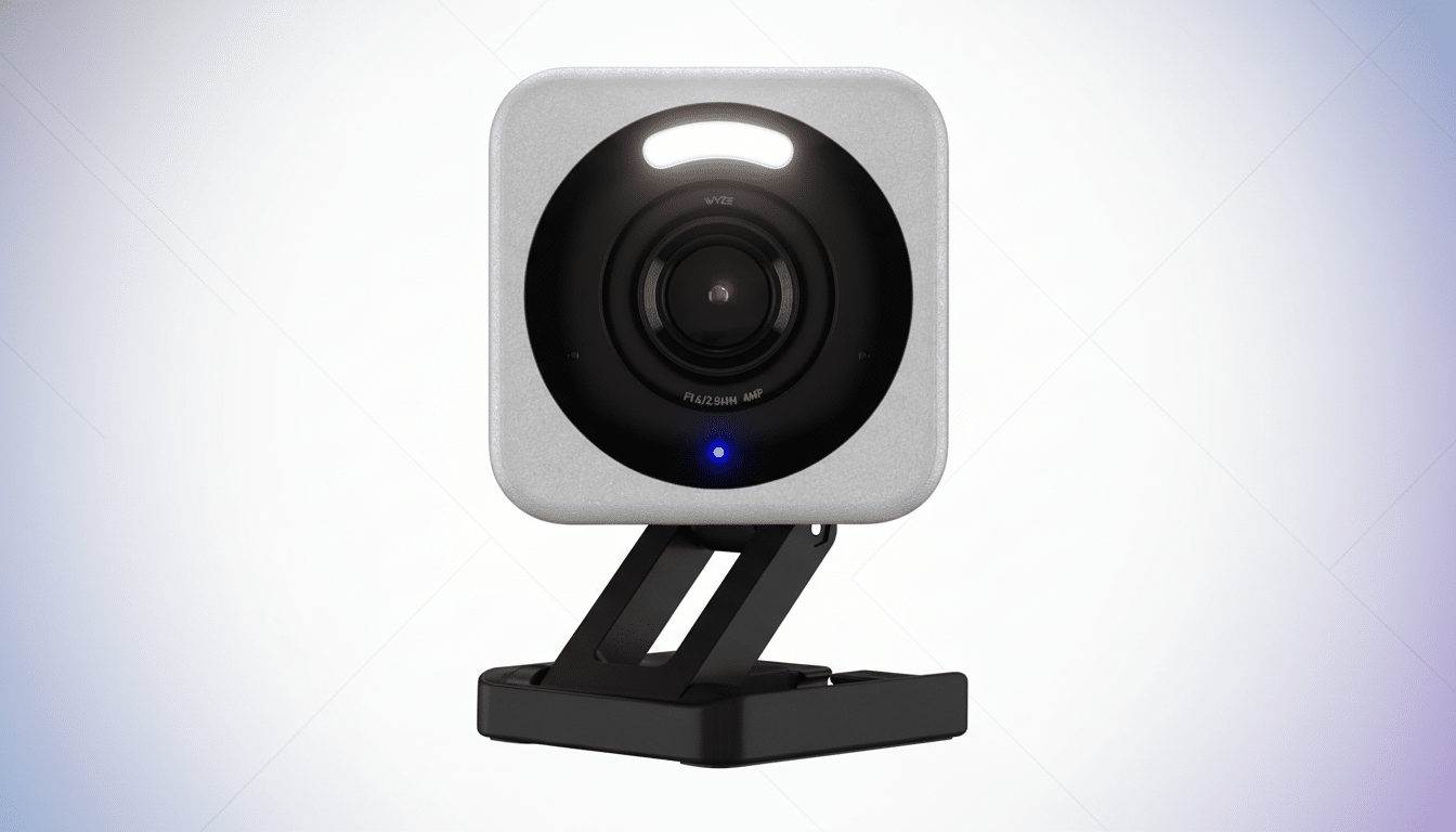 A Wyze webcam with a white body and black lens, featuring a glowing white light at the top and a blue indicator light at the bottom, set against a professional flat design background with soft patterns and gradients.