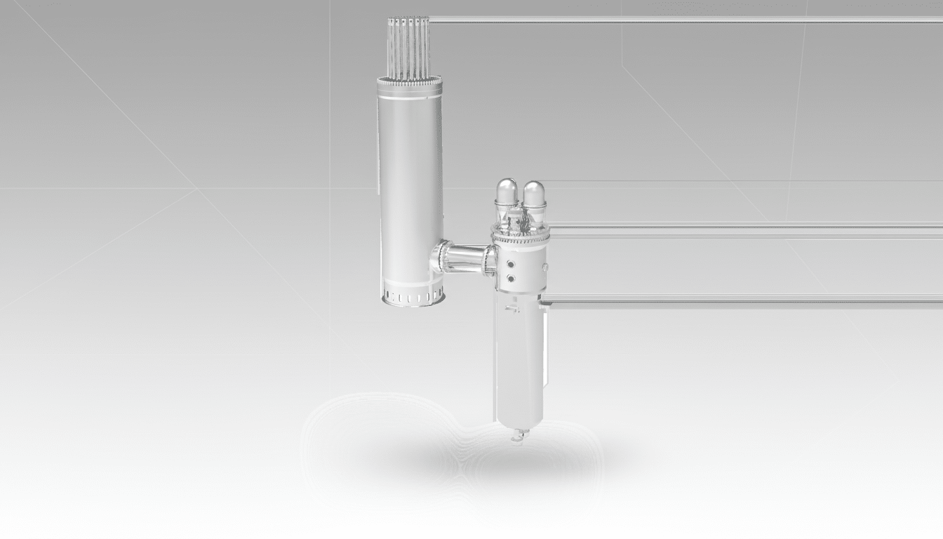 A 16:9 aspect ratio image of a complex, metallic industrial component with multiple cylindrical and tubular elements, set against a professional flat design background with soft gradients and subtle geometric patterns.