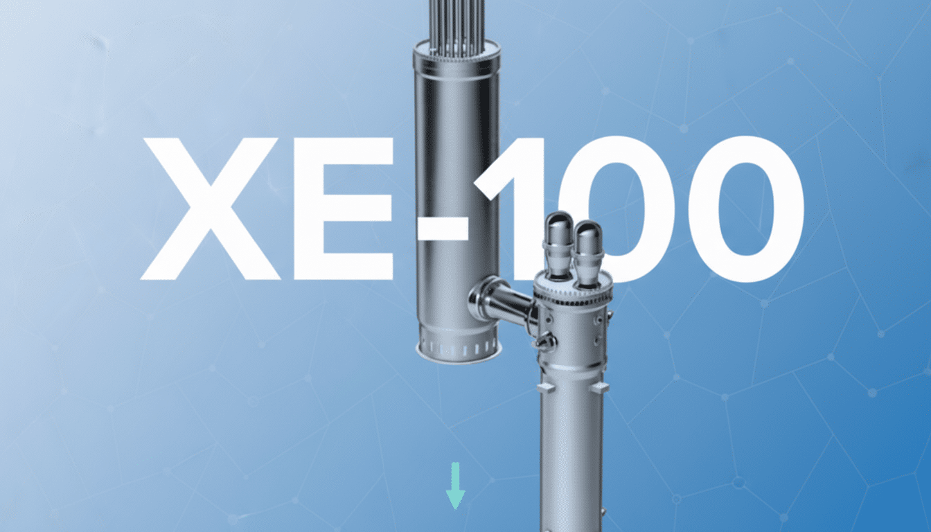 A 16:9 aspect ratio image featuring the text XE-100 in large white letters, with two metallic cylindrical components of a reactor design. The background is a professional flat design with a soft blue gradient and subtle geometric patterns.