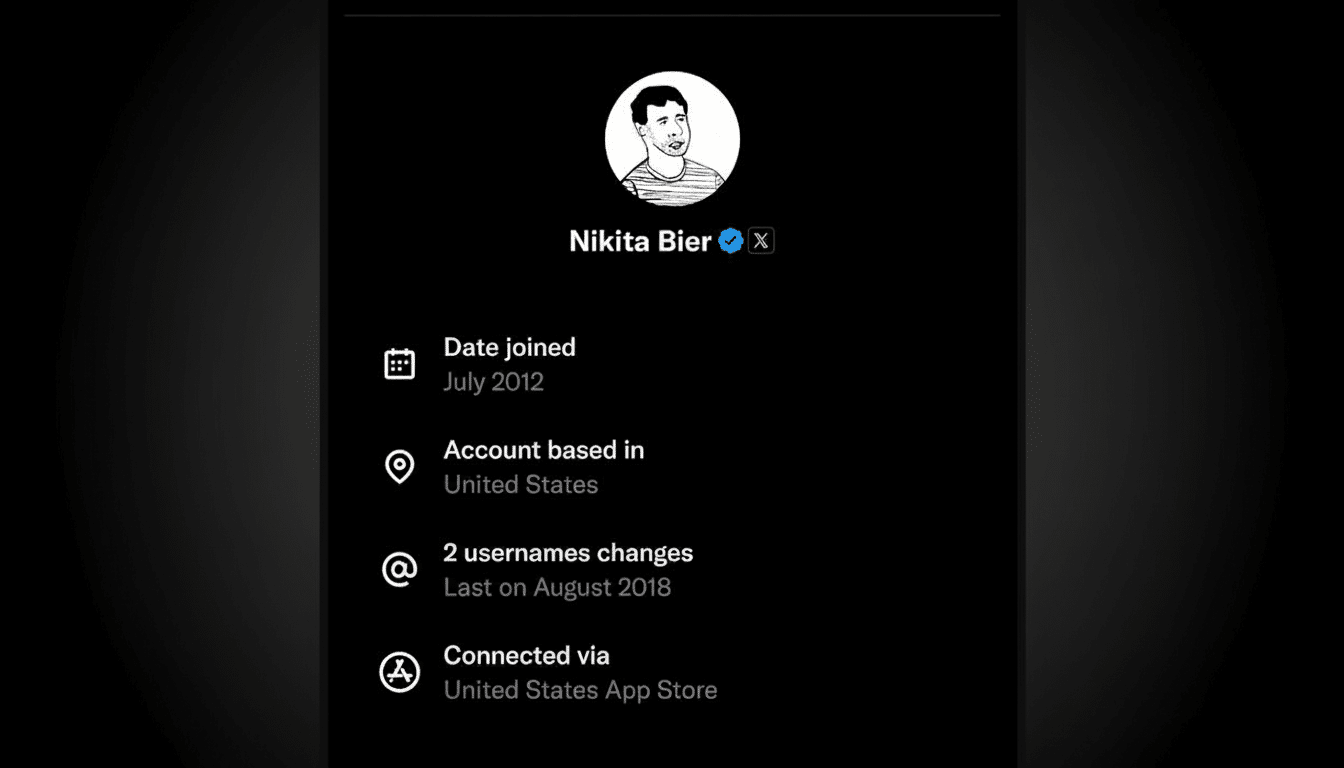 A screenshot of a Twitter profile page for Nikita Bier with a black and white cartoon avatar. The profile shows Date joined July 2012, Account based in United States, 2 usernames changes Last on August 2018, and Connected via United States App Store.