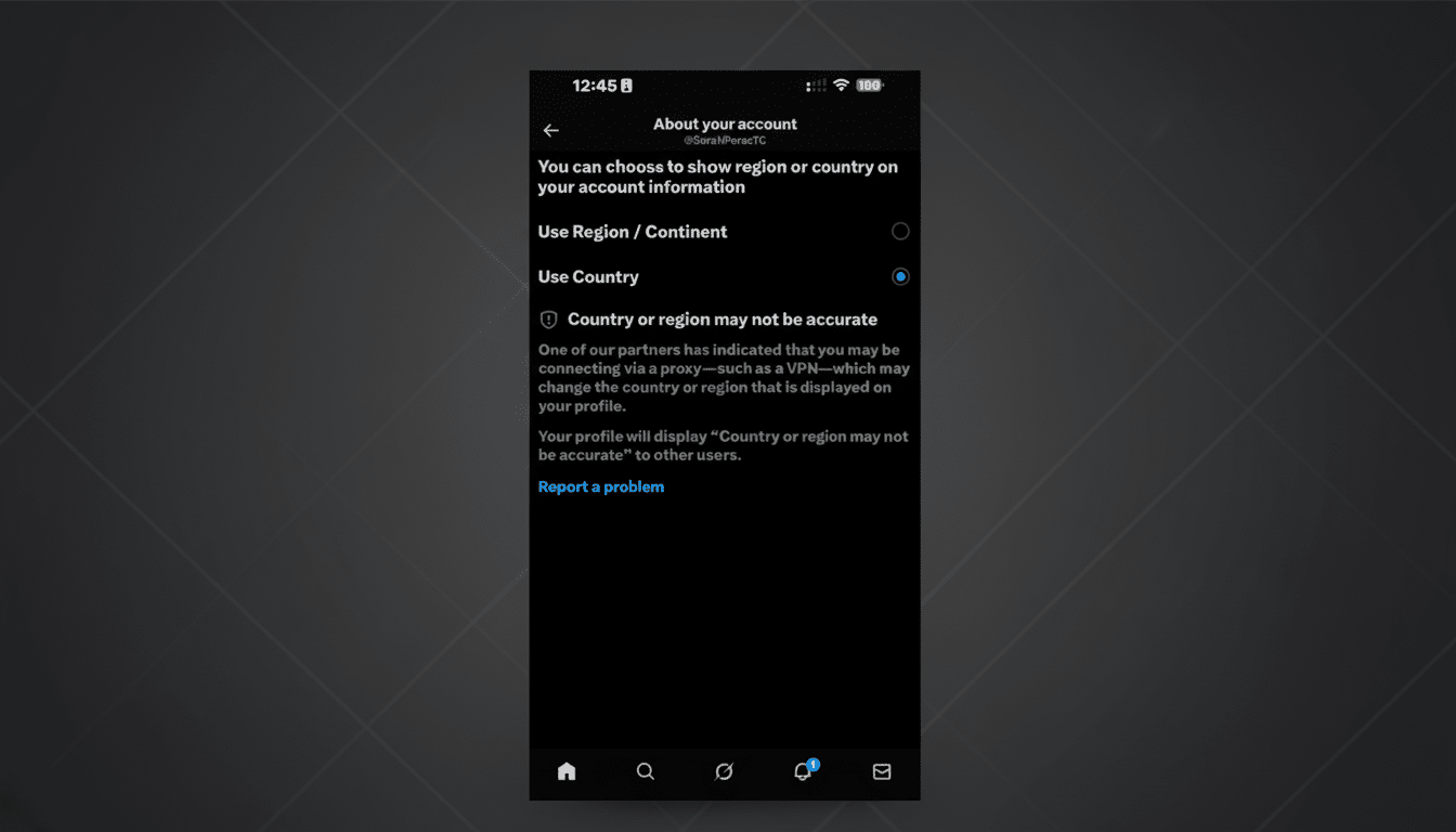 A mobile app screen showing About your account settings, with options to use region/continent or country, and a warning that Country or region may not be accurate due to proxy use. The screen is presented on a dark, subtly patterned background.