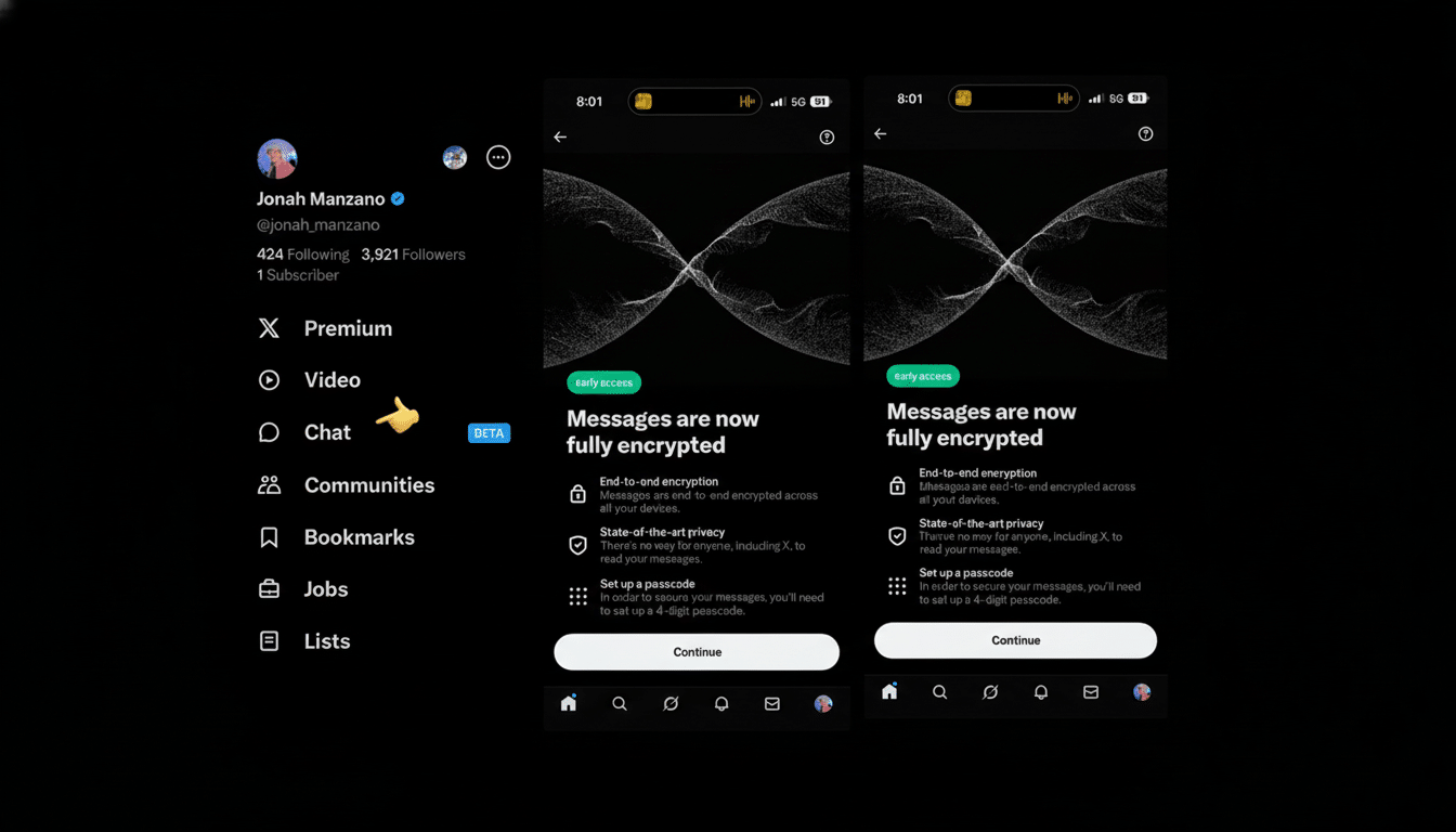 A 16:9 aspect ratio image showing a mobile app interface with a profile page on the left and an encrypted messaging feature on the right.