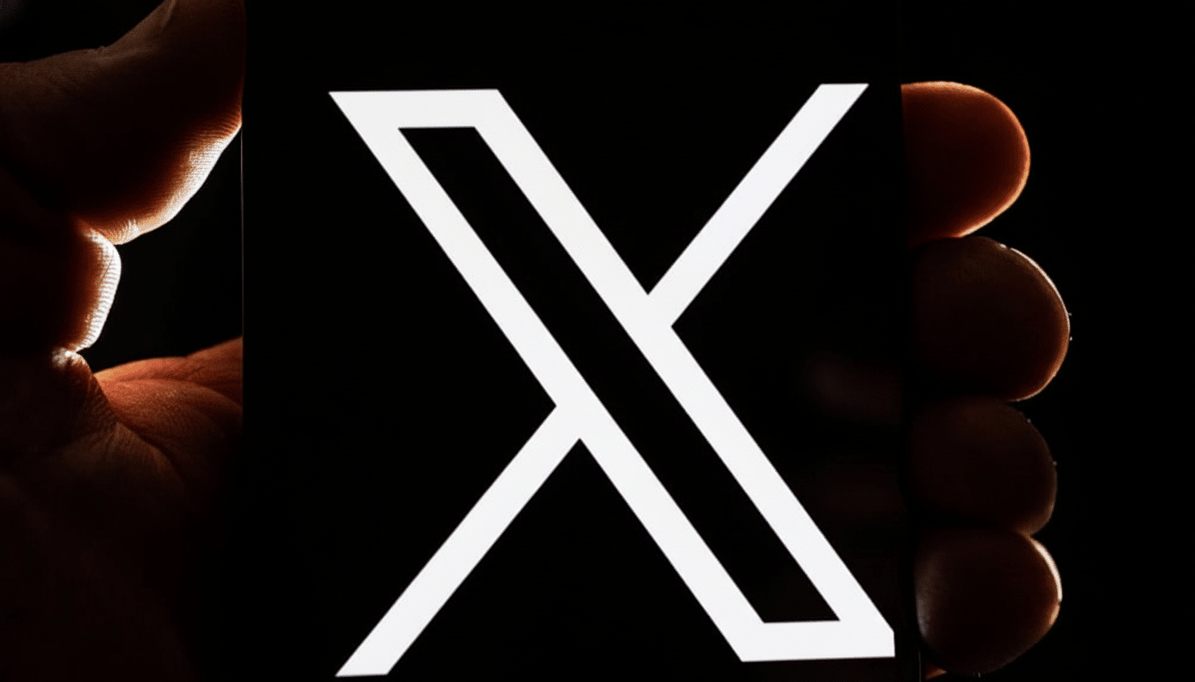 A close-up shot of a hand holding a phone displaying the white X logo on a black screen, resized to a 16:9 aspect ratio.