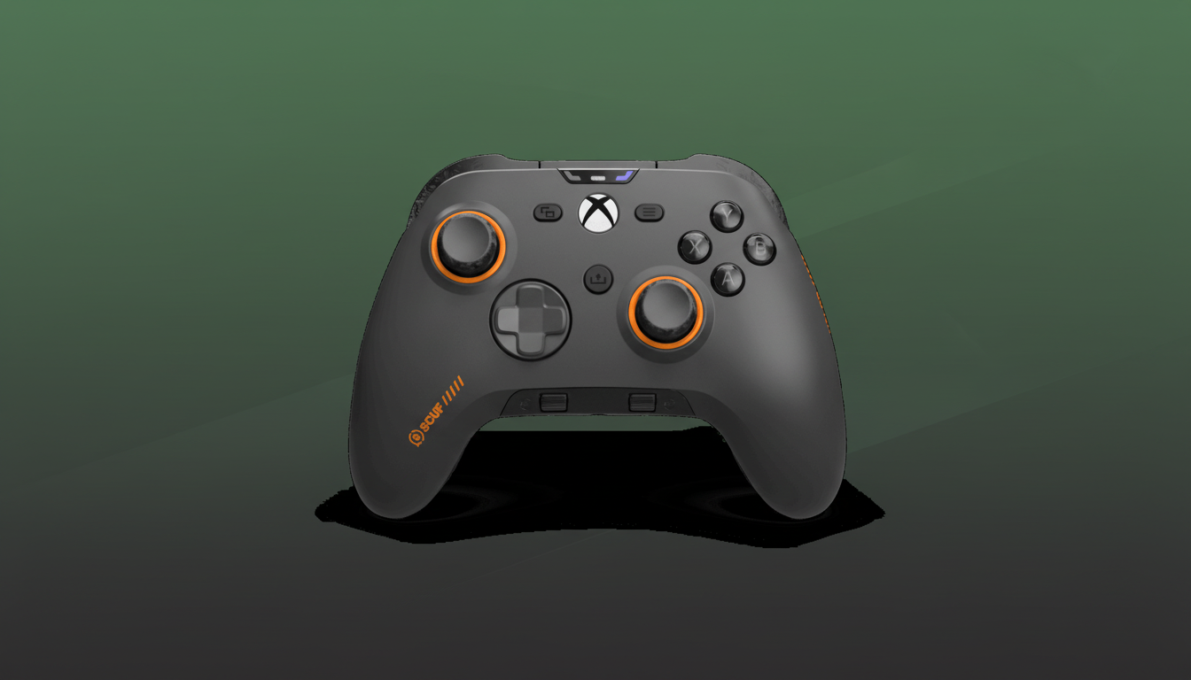 A dark gray Xbox controller with orange accents on a dark green background.