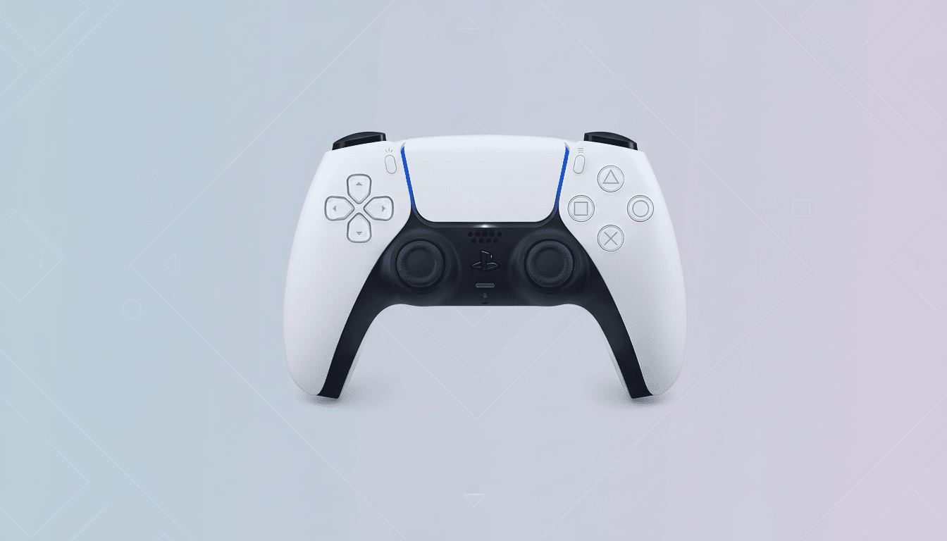 A white PlayStation 5 DualSense controller with black accents, centered on a professional flat design background with soft, subtle geometric patterns and a light gradient.