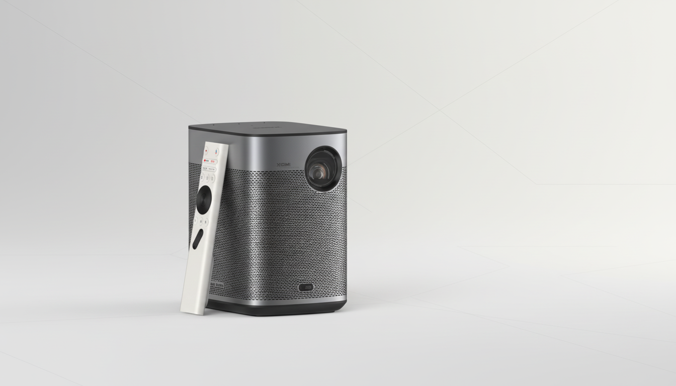 A professional 16:9 aspect ratio image of a gray XGIMI projector with a white remote control leaning against it, set against a clean, light gray background with subtle geometric patterns.