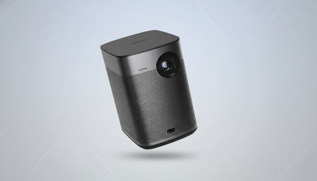 A dark gray XGIMI projector is angled on a light gray background with subtle, soft patterns.