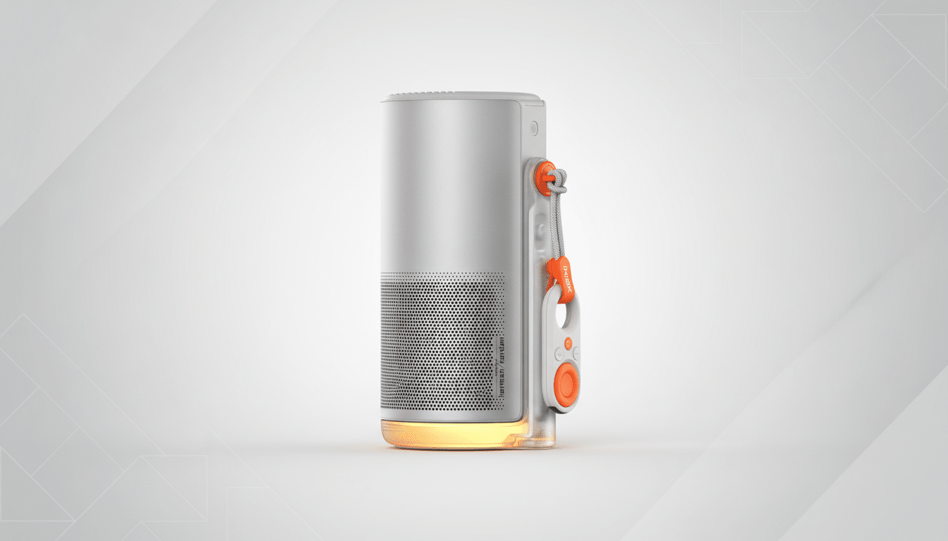 A professional, enhanced image of a gray Harman Kardon speaker with orange accents, set against a subtle gray gradient background with soft geometric patterns, resized to a 16:9 aspect ratio.