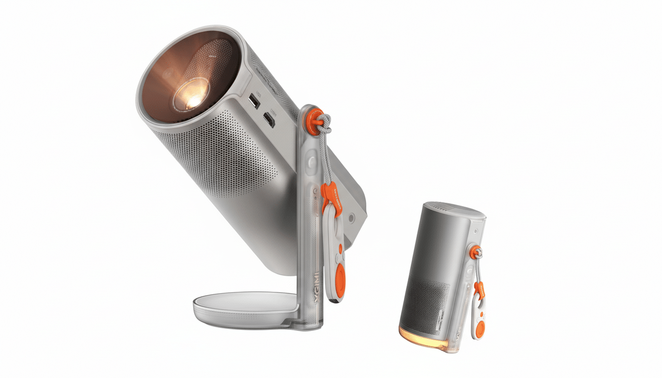 A professional 16:9 aspect ratio image of two XGIMI MoGo 2 Pro portable projectors. The larger projector on the left is angled upwards, displaying its lens and ports, while the smaller, upright projector on the right shows its base glowing. Both are silver with orange accents and are presented against a clean white background.