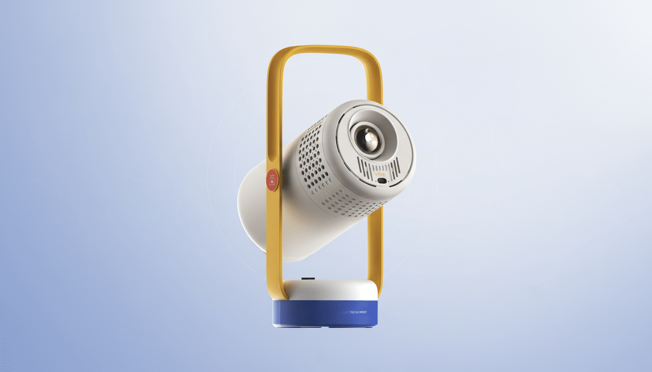A white and blue portable projector with a yellow handle, set against a professional light blue gradient background.