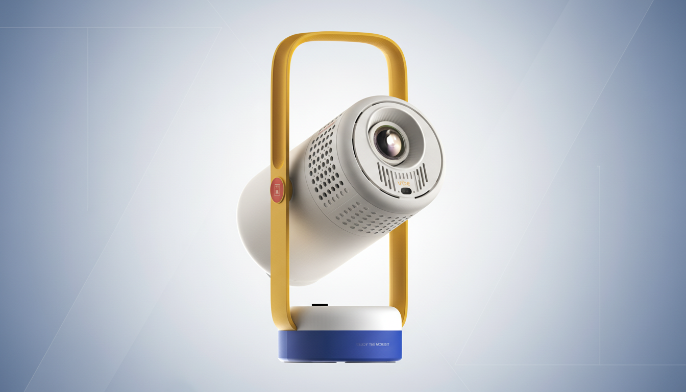 A white and blue portable projector with a yellow handle, set against a professional light blue gradient background.